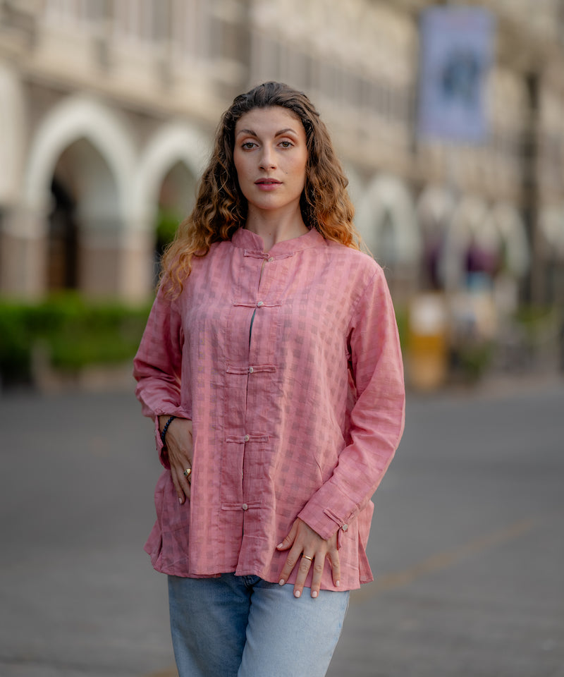 Pink Textured Handwoven Shirt by Krushnachuda with Chilika by Krushnachuda, Handloom Cotton, Loose Fit, Natural Dye, Organic, Outerwear, Pink, Self Design, Womenswear at Kamakhyaa for sustainable fashion