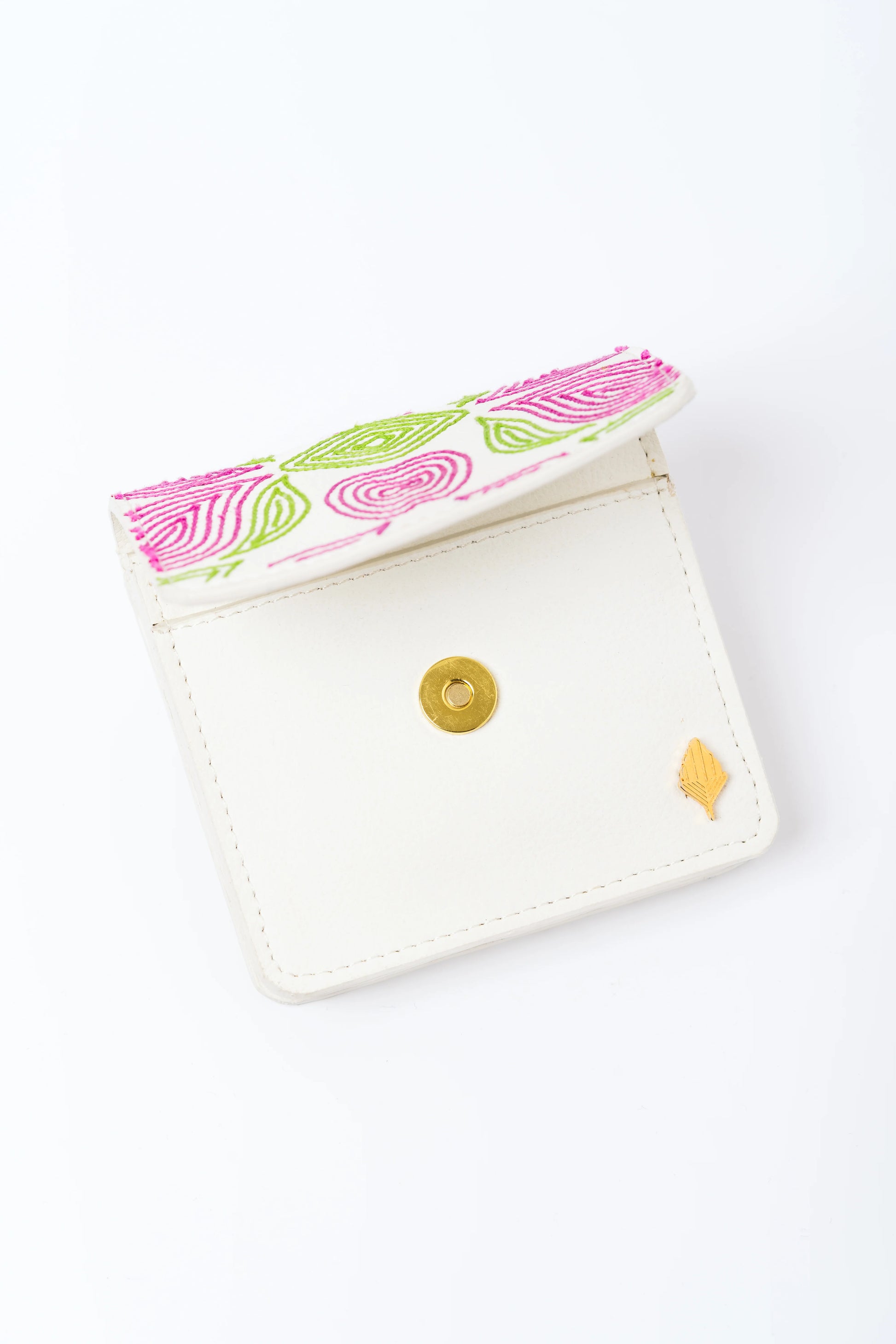 White Embroidered Cardholder by Green Hermitage with Cactus Leather, Cardholders, Embroidered, Evening Wear, Free Size, Hemp, Lyocell, Recycled, White at Kamakhyaa for sustainable fashion