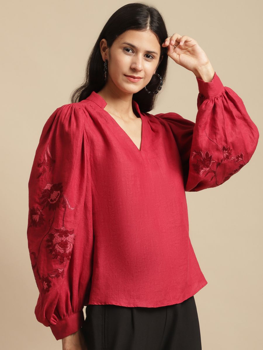 100% Hemp Vivienne Hemp Top Red by Ewoke with 100% Hemp, embroidered top, Hemp, hemp top, Nostalgia's Thread by Ewoke, statement sleeves top, white classic top at Kamakhyaa for sustainable fashion