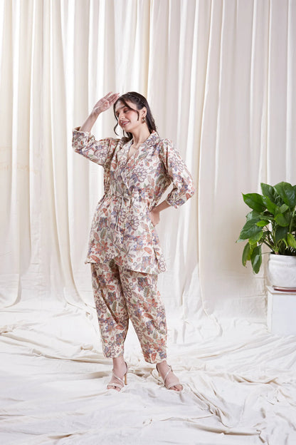 Aria White Co-Ord Set by Hasttvam with CottonFloralFusionWhiteHandmade by artisans, Natural dyes, Respondible production and Vegan at Kamakhyaa for sustainable fashion