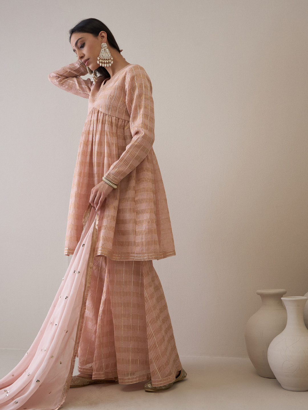 Peach Chanderi Silk Gota Embroidered Sharara Set by RoohbyRidhimaa with Avani by RoohbyRidhimaa, Chanderi Silk, Ethnic Wear, Gotta Embroidery, Pink, Relaxed Fit, Sequin Embroidered, Sharara Sets, Silk Chanderi, Silk Organza, Toxin free at Kamakhyaa for sustainable fashion