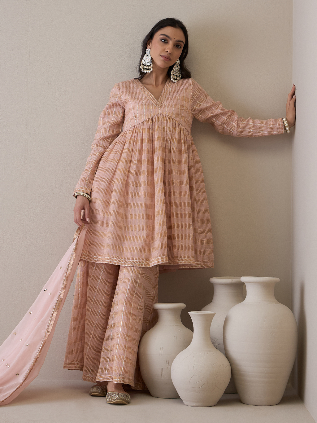 Peach Chanderi Silk Gota Embroidered Sharara Set by RoohbyRidhimaa with Avani by RoohbyRidhimaa, Chanderi Silk, Ethnic Wear, Gotta Embroidery, Pink, Relaxed Fit, Sequin Embroidered, Sharara Sets, Silk Chanderi, Silk Organza, Toxin free at Kamakhyaa for sustainable fashion