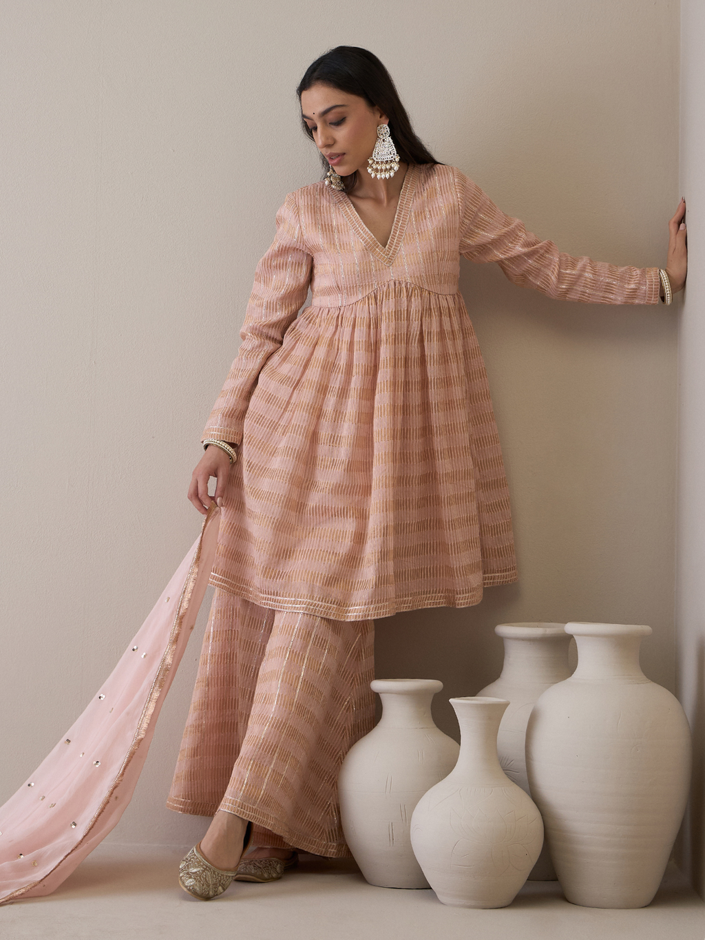 Peach Chanderi Silk Gota Embroidered Sharara Set by RoohbyRidhimaa with Avani by RoohbyRidhimaa, Chanderi Silk, Ethnic Wear, Gotta Embroidery, Pink, Relaxed Fit, Sequin Embroidered, Sharara Sets, Silk Chanderi, Silk Organza, Toxin free at Kamakhyaa for sustainable fashion