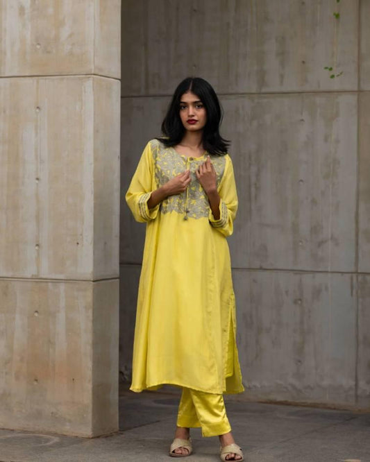 Sophia Kurta by Araayeh with Artisan Made, Evening Wear, Habutai Silk, Kurtas, Solids, Yellow at Kamakhyaa for sustainable fashion