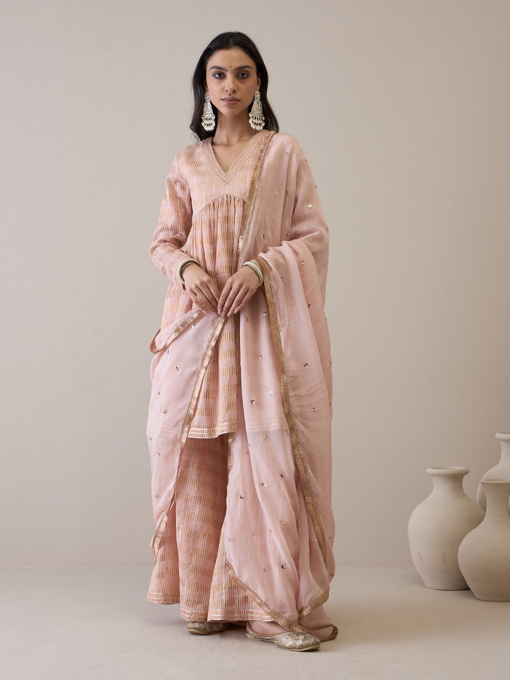 Peach Chanderi Silk Gota Embroidered Sharara Set by RoohbyRidhimaa with Avani by RoohbyRidhimaa, Chanderi Silk, Ethnic Wear, Gotta Embroidery, Pink, Relaxed Fit, Sequin Embroidered, Sharara Sets, Silk Chanderi, Silk Organza, Toxin free at Kamakhyaa for sustainable fashion