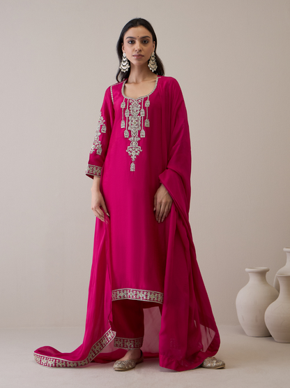 Pink Zari Embroidered Flare Sleeves Kurta Set with dupatta by RoohbyRidhimaa with Avani by RoohbyRidhimaa, Festive Wear, Kurta Set with Dupattas, Pink, Relaxed Fit, Silk Organza, Toxin free, Viscose Raw Silk, Zari Embroidered at Kamakhyaa for sustainable fashion