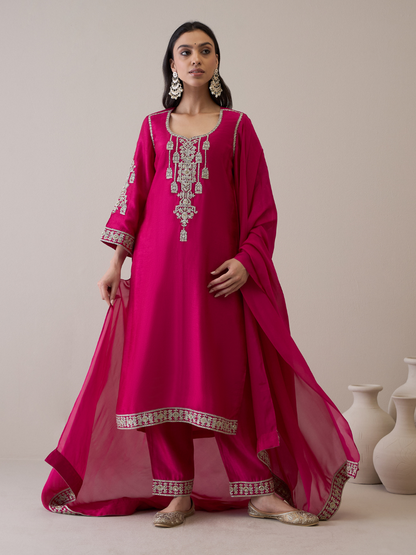 Pink Zari Embroidered Flare Sleeves Kurta Set with dupatta by RoohbyRidhimaa with Avani by RoohbyRidhimaa, Festive Wear, Kurta Set with Dupattas, Pink, Relaxed Fit, Silk Organza, Toxin free, Viscose Raw Silk, Zari Embroidered at Kamakhyaa for sustainable fashion