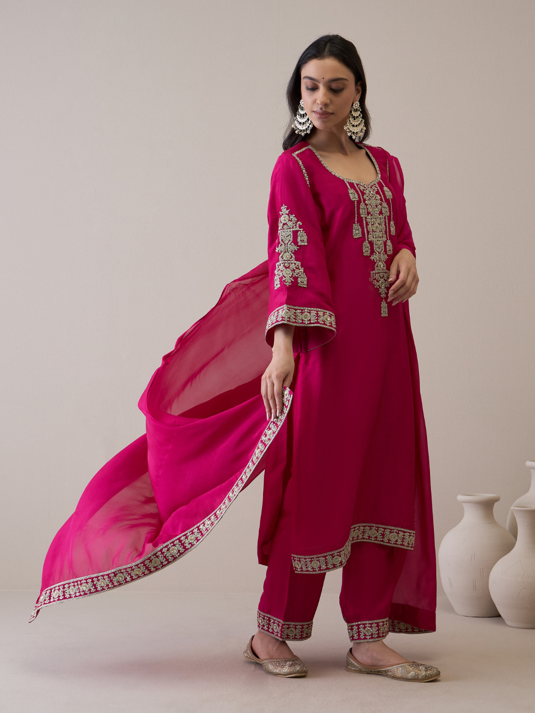 Pink Zari Embroidered Flare Sleeves Kurta Set with dupatta by RoohbyRidhimaa with Avani by RoohbyRidhimaa, Festive Wear, Kurta Set with Dupattas, Pink, Relaxed Fit, Silk Organza, Toxin free, Viscose Raw Silk, Zari Embroidered at Kamakhyaa for sustainable fashion