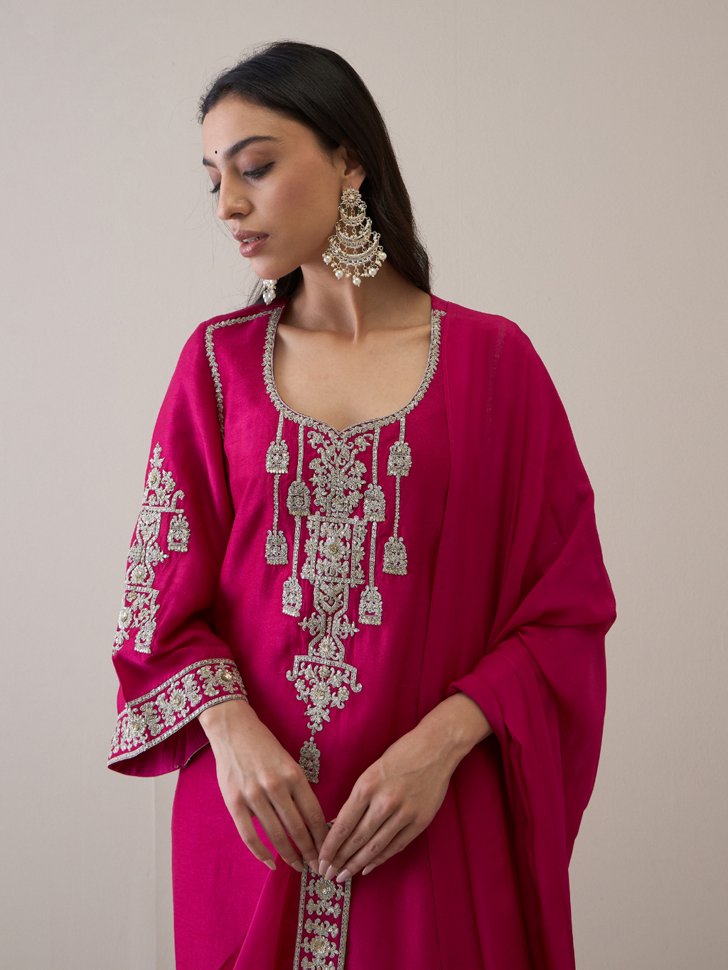 Pink Zari Embroidered Flare Sleeves Kurta Set with dupatta by RoohbyRidhimaa with Avani by RoohbyRidhimaa, Festive Wear, Kurta Set with Dupattas, Pink, Relaxed Fit, Silk Organza, Toxin free, Viscose Raw Silk, Zari Embroidered at Kamakhyaa for sustainable fashion