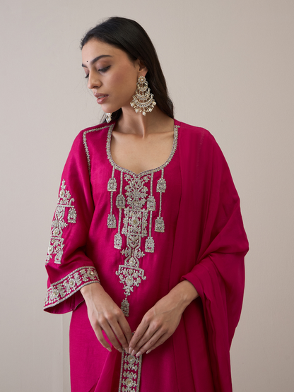 Pink Zari Embroidered Flare Sleeves Kurta Set with dupatta by RoohbyRidhimaa with Avani by RoohbyRidhimaa, Festive Wear, Kurta Set with Dupattas, Pink, Relaxed Fit, Silk Organza, Toxin free, Viscose Raw Silk, Zari Embroidered at Kamakhyaa for sustainable fashion