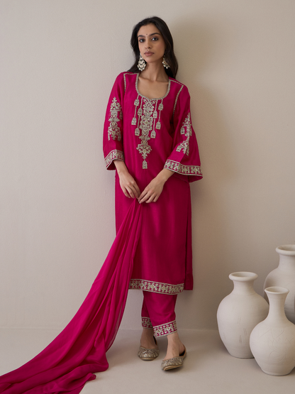 Pink Zari Embroidered Flare Sleeves Kurta Set with dupatta by RoohbyRidhimaa with Avani by RoohbyRidhimaa, Festive Wear, Kurta Set with Dupattas, Pink, Relaxed Fit, Silk Organza, Toxin free, Viscose Raw Silk, Zari Embroidered at Kamakhyaa for sustainable fashion