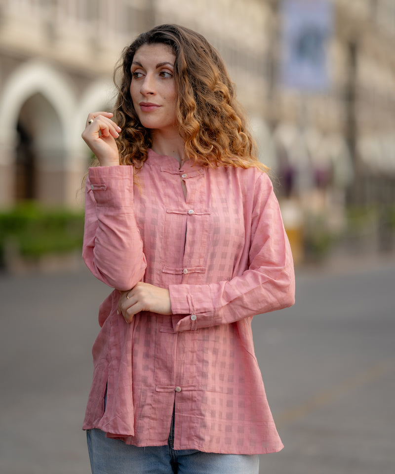 Pink Textured Handwoven Shirt by Krushnachuda with Chilika by Krushnachuda, Handloom Cotton, Loose Fit, Natural Dye, Organic, Outerwear, Pink, Self Design, Womenswear at Kamakhyaa for sustainable fashion