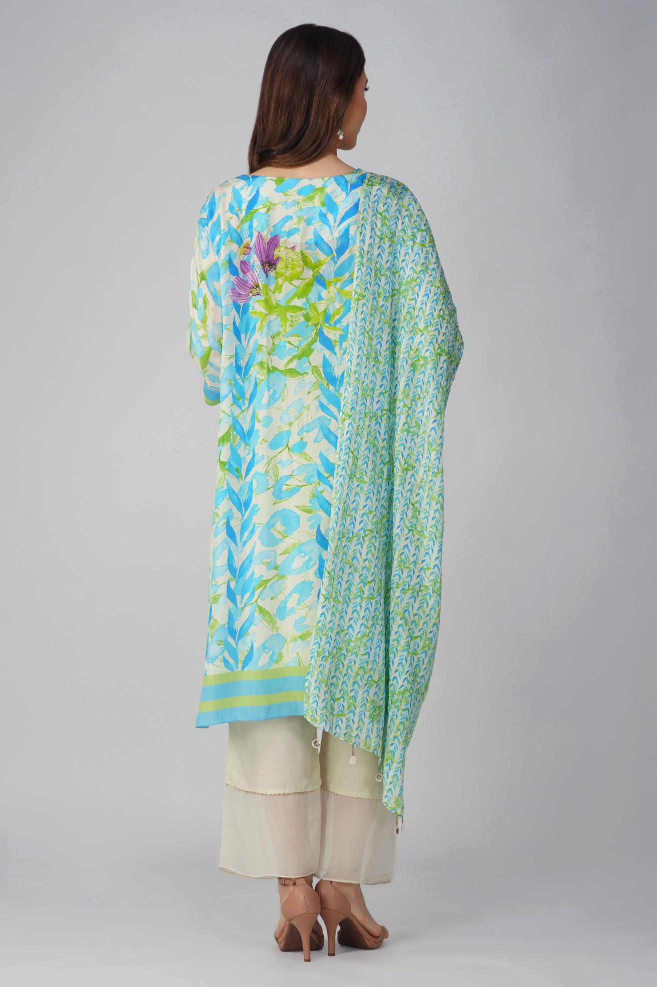 BLUE LEAF PRINTED KURTA SET by devyanimehrotra.com with at Kamakhyaa for sustainable fashion