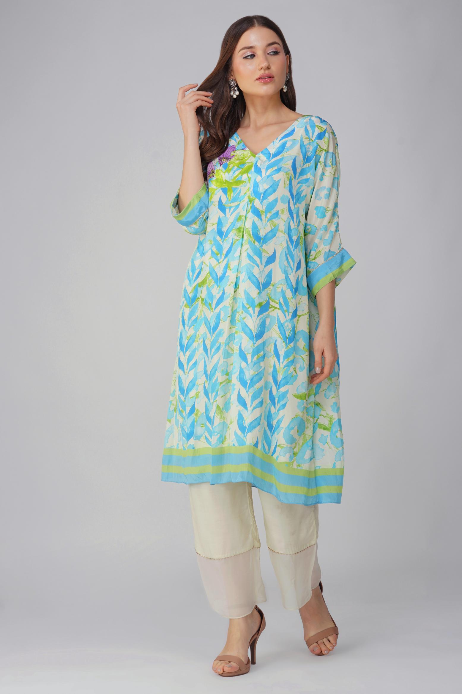 BLUE LEAF PRINTED KURTA SET by devyanimehrotra.com with at Kamakhyaa for sustainable fashion