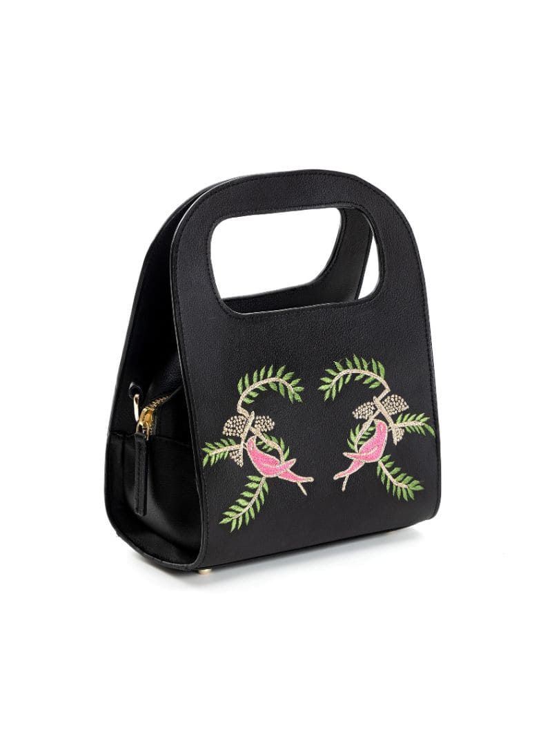 Black Embroidered Crossbody Bag by Green Hermitage with Apple Leather, Black, Crossbody Bags, Embroidered, Free Size, Hemp, Lyocell, Party Wear, Recycled at Kamakhyaa for sustainable fashion