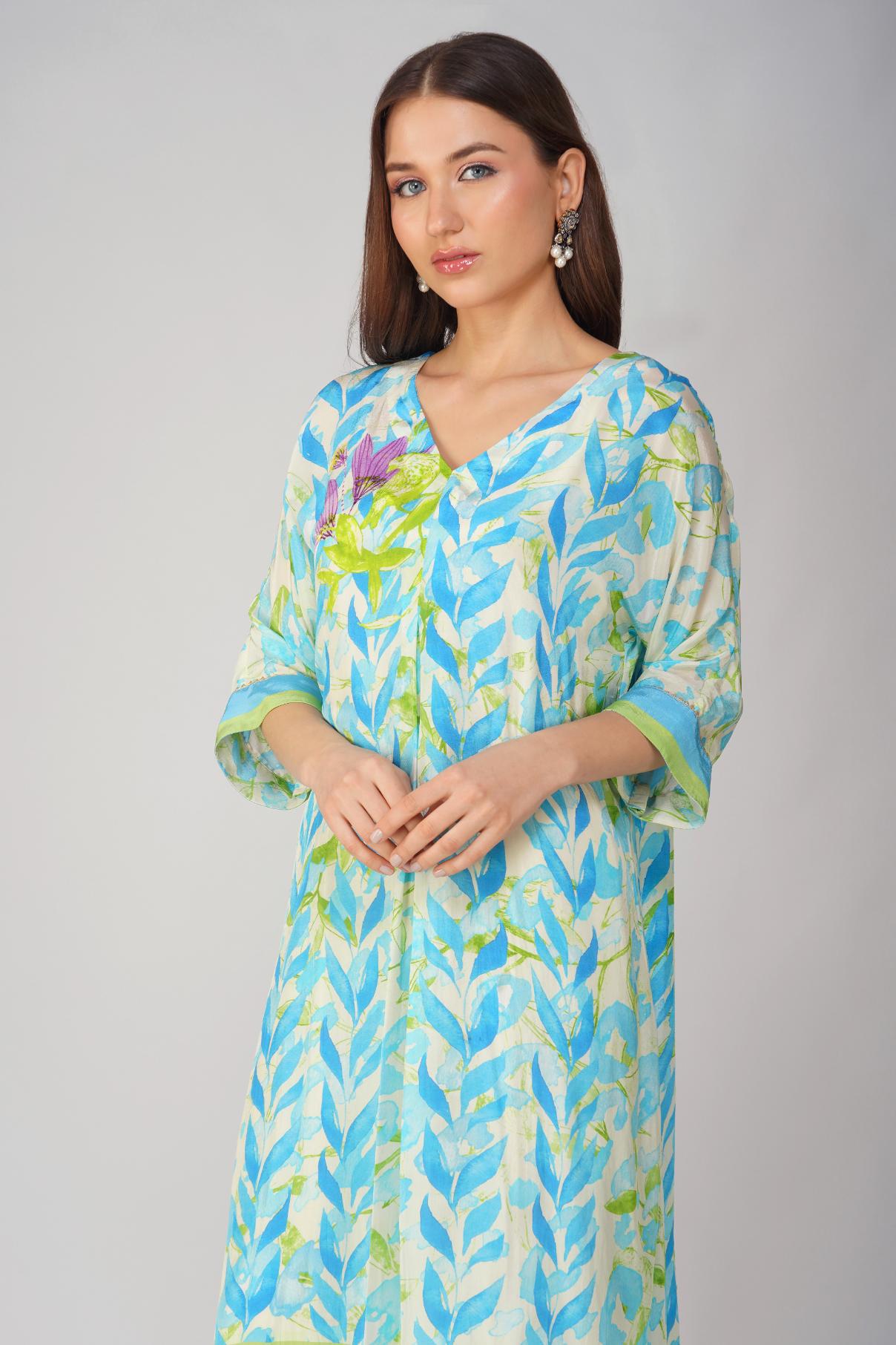 BLUE LEAF PRINTED KURTA SET by devyanimehrotra.com with at Kamakhyaa for sustainable fashion