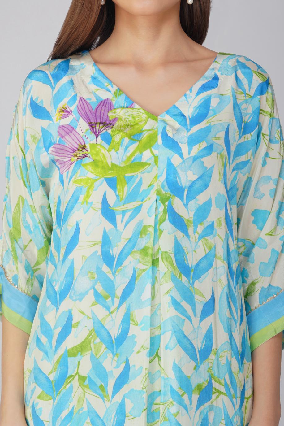 BLUE LEAF PRINTED KURTA SET by devyanimehrotra.com with at Kamakhyaa for sustainable fashion