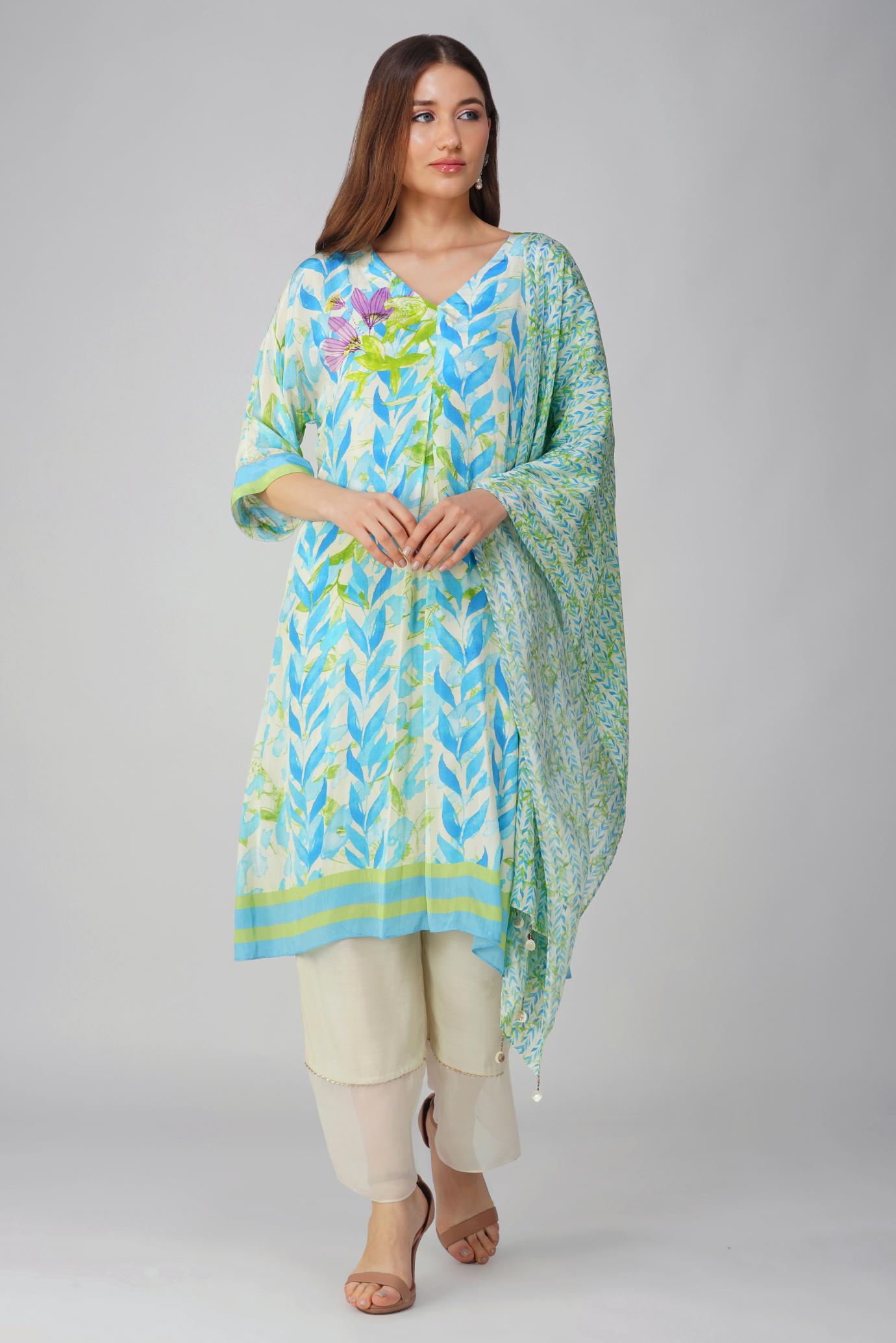 BLUE LEAF PRINTED KURTA SET by devyanimehrotra.com with at Kamakhyaa for sustainable fashion