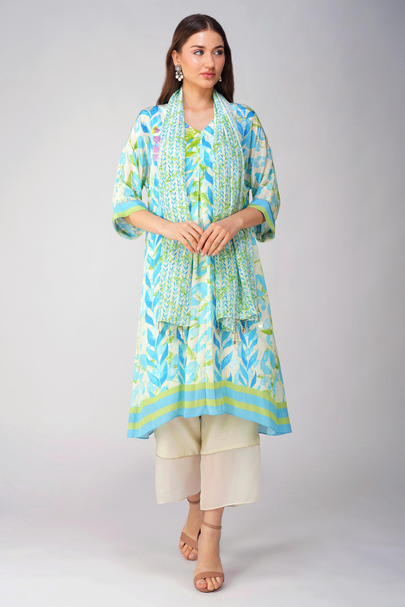 BLUE LEAF PRINTED KURTA SET by devyanimehrotra.com with at Kamakhyaa for sustainable fashion