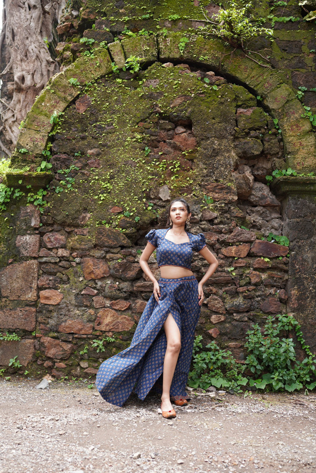Blue Butta Printed Lehenga with Red Dupatta by Hasttvam with Blue, Console Collection List, Cotton, Festive Wear, Floral, Handmade by Artisans, Indian Wear by Hasttavam, Natural Dye, Navratri, Navratri Teens, Pinterest Page Visits Vanshika, Pinterest Top Pins Vanshika, Pinterest Top Saves Vanshika, Rang by Hasttvam, Relaxed Fit, Responsible production and Vegan at in.kamakhyaa.com for sustainable fashion
