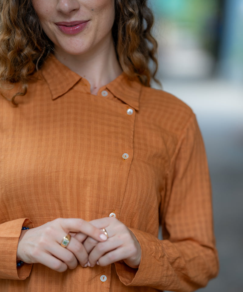 Rust Wrap Handwoven Shirt by Krushnachuda with Chilika by Krushnachuda, Handloom Cotton, Loose Fit, Natural Dye, Organic, Outerwear, Rustic Orange, Solids, Womenswear at Kamakhyaa for sustainable fashion