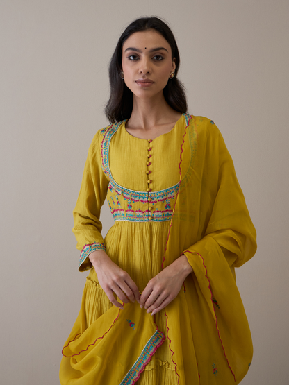 Mustard Pure Silk Chanderi Kurta Set with dupatta by RoohbyRidhimaa with Avani by RoohbyRidhimaa, Chanderi Silk, Festive Wear, Handloom Silk, Kurta Set with Dupattas, Pure Silk Chanderi, Regular Fit, Resham Embroidered, Silk Chanderi, Toxin free, Yellow at Kamakhyaa for sustainable fashion