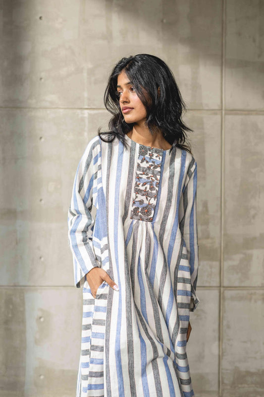Blue & White Striped Handwoven Cotton Kurta by Araayeh with Artisan Made, Blue, Handwoven Cotton, Kurtas, Stripes, Work Wear at Kamakhyaa for sustainable fashion