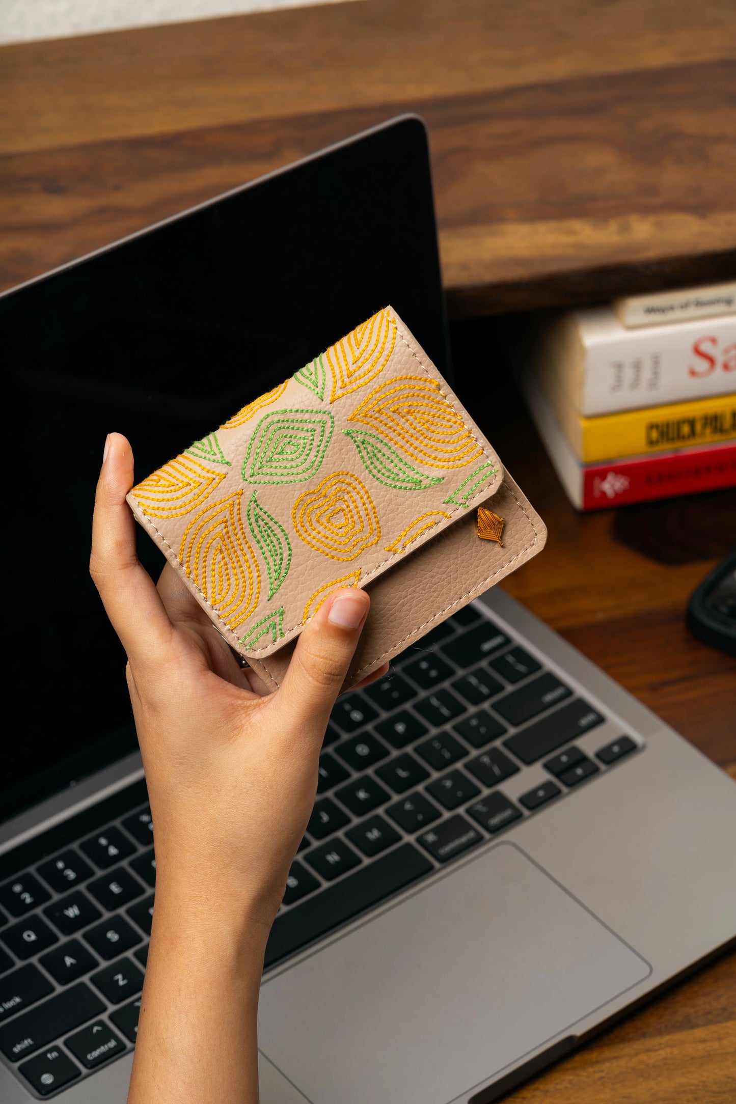 Beige Embroidered Cardholder by Green Hermitage with Beige, Cactus Leather, Cardholders, Embroidered, Evening Wear, Free Size, Hemp, Lyocell, Recycled at Kamakhyaa for sustainable fashion