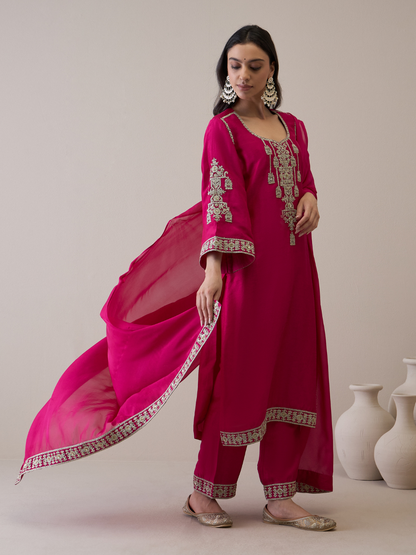 Pink Zari Embroidered Flare Sleeves Kurta Set with dupatta by RoohbyRidhimaa with Avani by RoohbyRidhimaa, Festive Wear, Kurta Set with Dupattas, Pink, Relaxed Fit, Silk Organza, Toxin free, Viscose Raw Silk, Zari Embroidered at Kamakhyaa for sustainable fashion