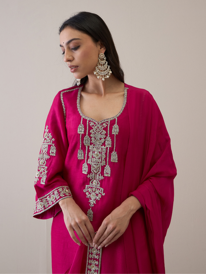 Pink Zari Embroidered Flare Sleeves Kurta Set with dupatta by RoohbyRidhimaa with Avani by RoohbyRidhimaa, Festive Wear, Kurta Set with Dupattas, Pink, Relaxed Fit, Silk Organza, Toxin free, Viscose Raw Silk, Zari Embroidered at Kamakhyaa for sustainable fashion