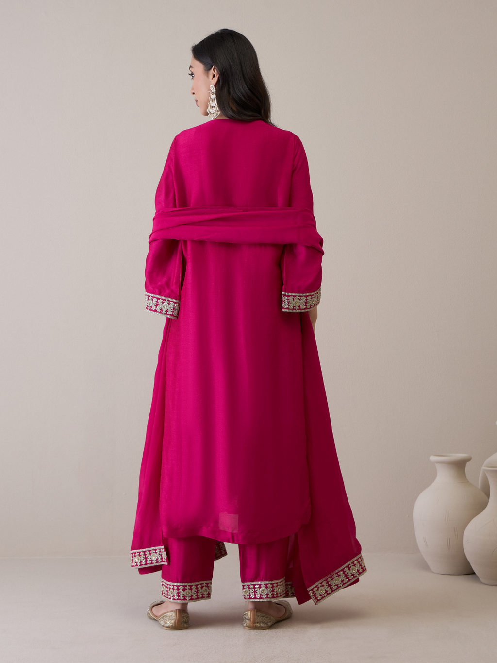 Pink Zari Embroidered Flare Sleeves Kurta Set with dupatta by RoohbyRidhimaa with Avani by RoohbyRidhimaa, Festive Wear, Kurta Set with Dupattas, Pink, Relaxed Fit, Silk Organza, Toxin free, Viscose Raw Silk, Zari Embroidered at Kamakhyaa for sustainable fashion