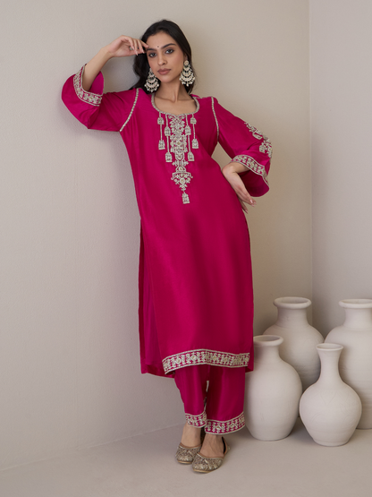 Pink Zari Embroidered Flare Sleeves Kurta Set with dupatta by RoohbyRidhimaa with Avani by RoohbyRidhimaa, Festive Wear, Kurta Set with Dupattas, Pink, Relaxed Fit, Silk Organza, Toxin free, Viscose Raw Silk, Zari Embroidered at Kamakhyaa for sustainable fashion