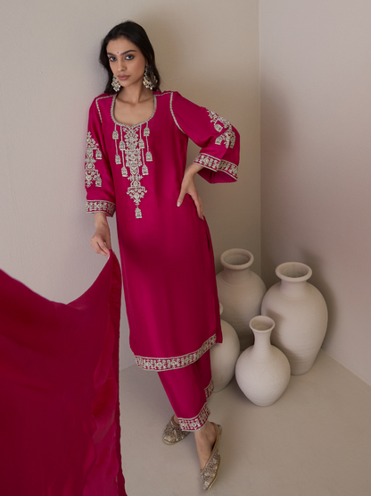 Pink Zari Embroidered Flare Sleeves Kurta Set with dupatta by RoohbyRidhimaa with Avani by RoohbyRidhimaa, Festive Wear, Kurta Set with Dupattas, Pink, Relaxed Fit, Silk Organza, Toxin free, Viscose Raw Silk, Zari Embroidered at Kamakhyaa for sustainable fashion