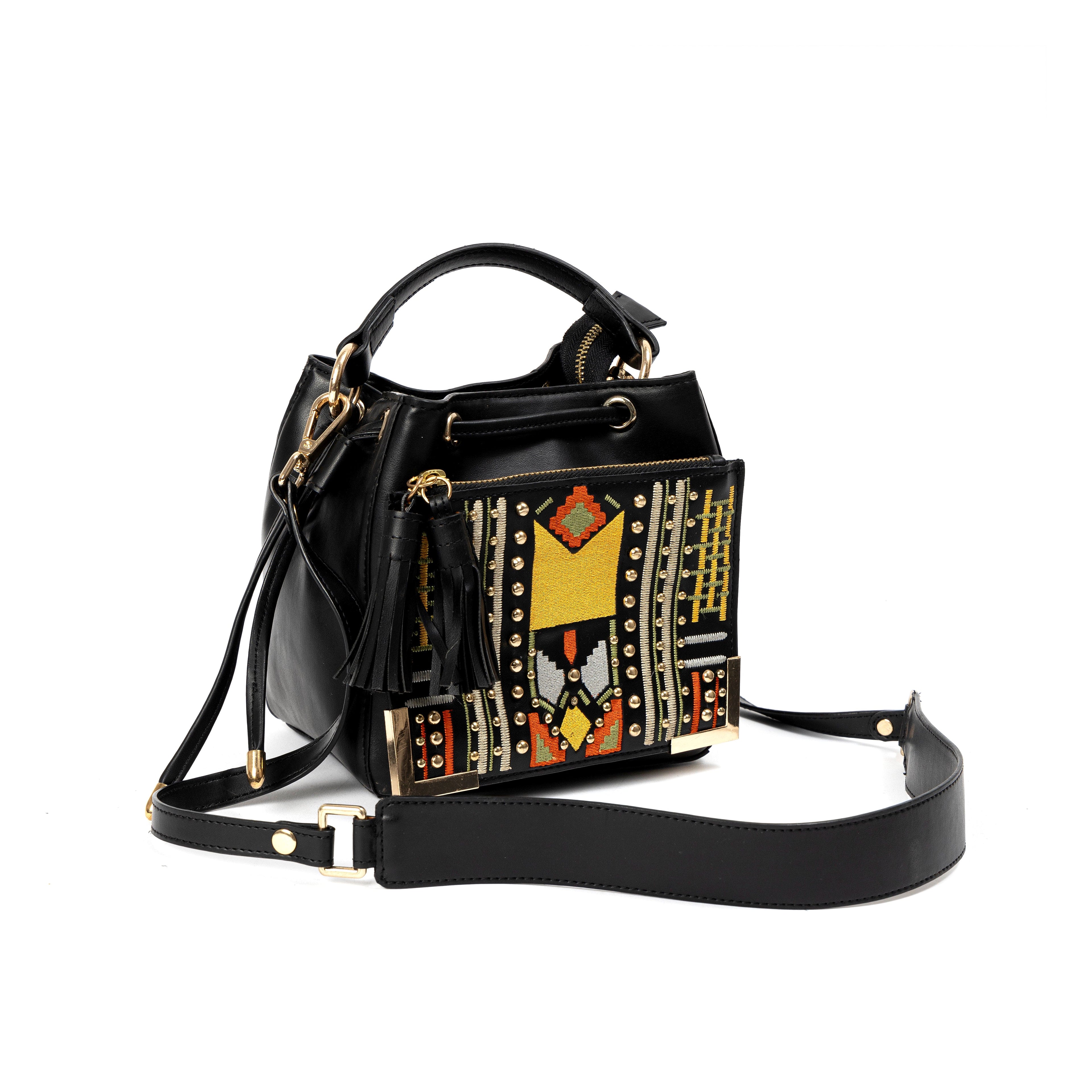 Nora Vegan Leather Embroidered Sling Bag - Black by Green Hermitage with SS25 at Kamakhyaa for sustainable fashion