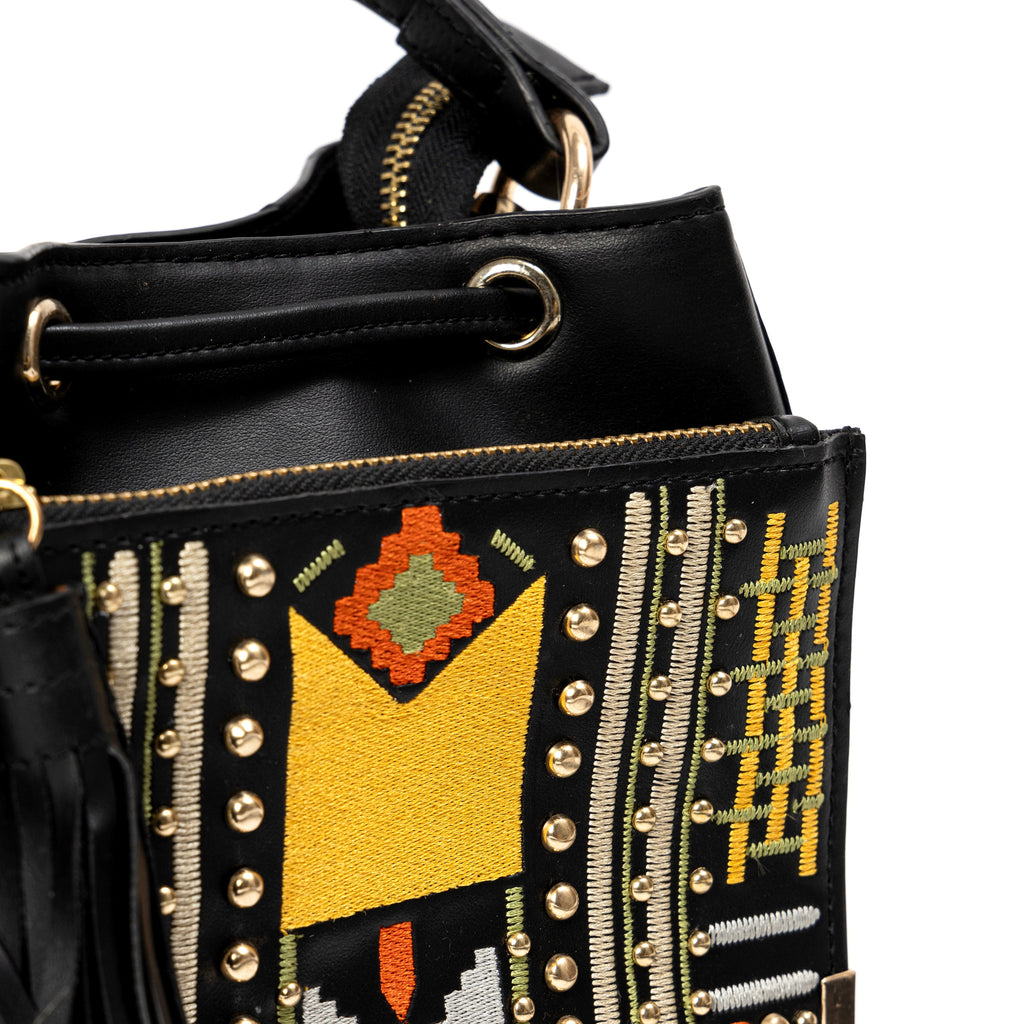 Nora Vegan Leather Embroidered Sling Bag - Black by Green Hermitage with SS25 at Kamakhyaa for sustainable fashion