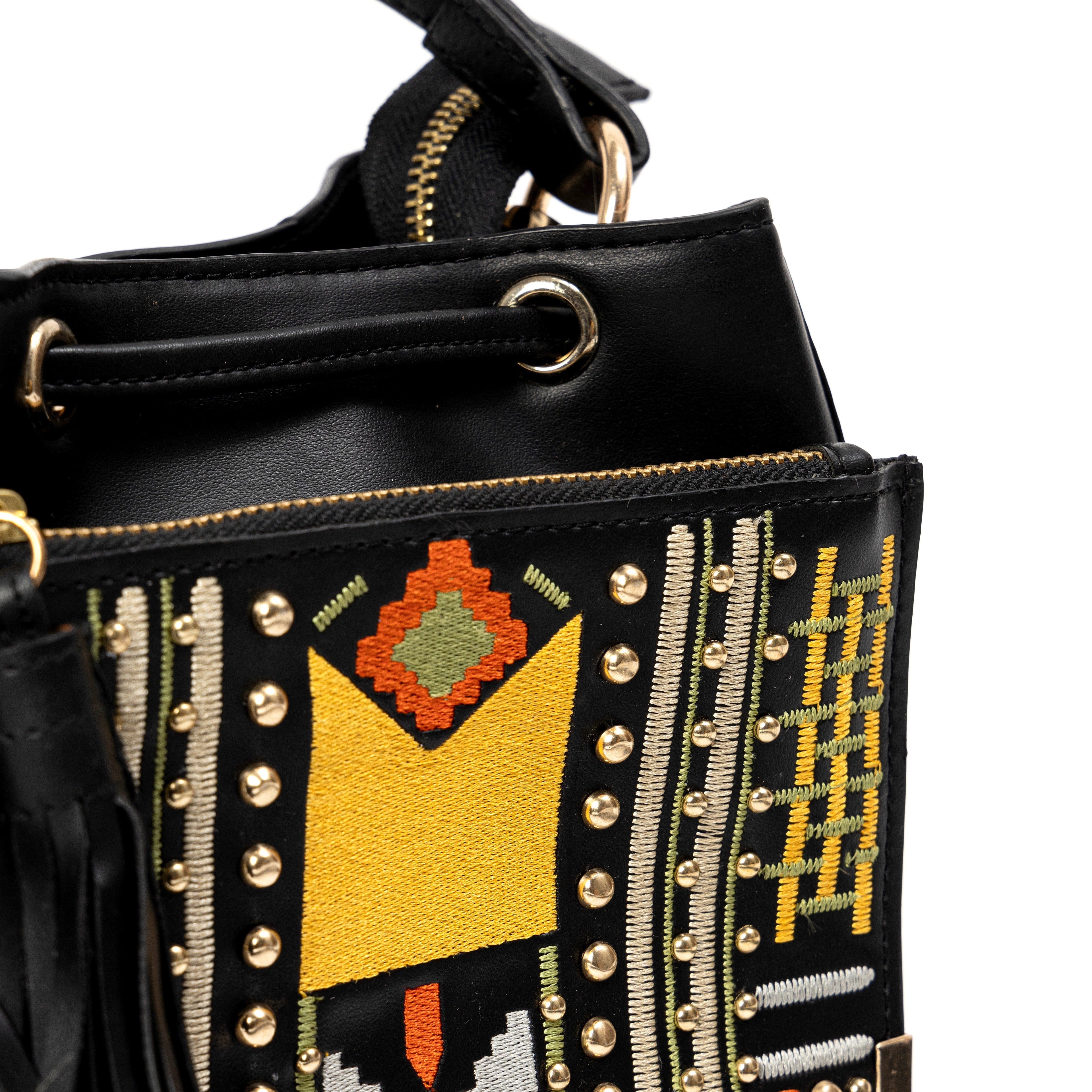 Nora Vegan Leather Embroidered Sling Bag - Black by Green Hermitage with SS25 at Kamakhyaa for sustainable fashion