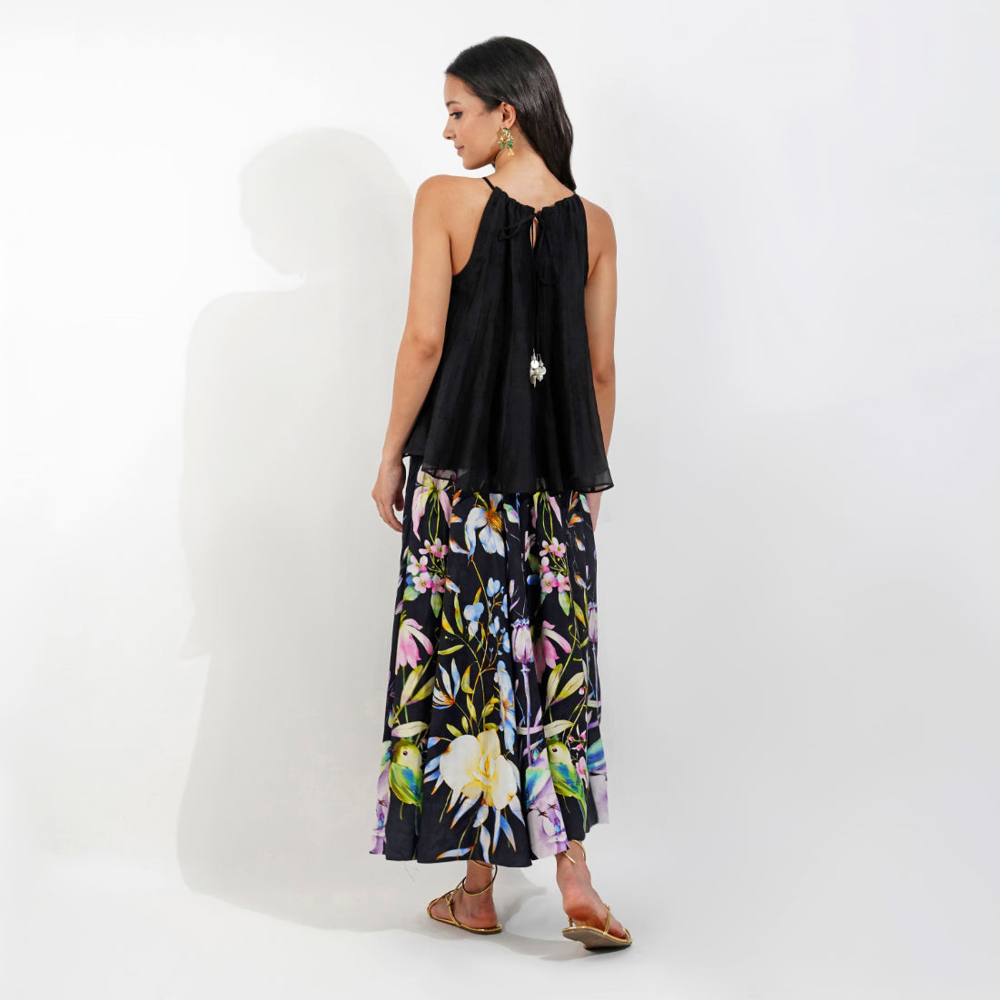 Summer Floral Skirt Set-Black by devyanimehrotra.com with beach outfit, CO-ORD SETS, printed skirt, skirt, TOP SET at Kamakhyaa for sustainable fashion