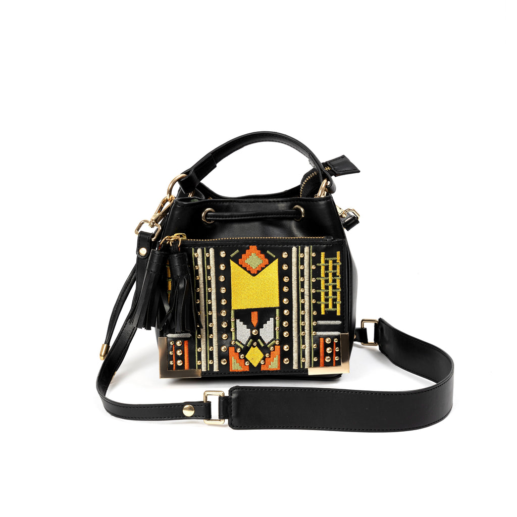 Nora Vegan Leather Embroidered Sling Bag - Black by Green Hermitage with SS25 at Kamakhyaa for sustainable fashion