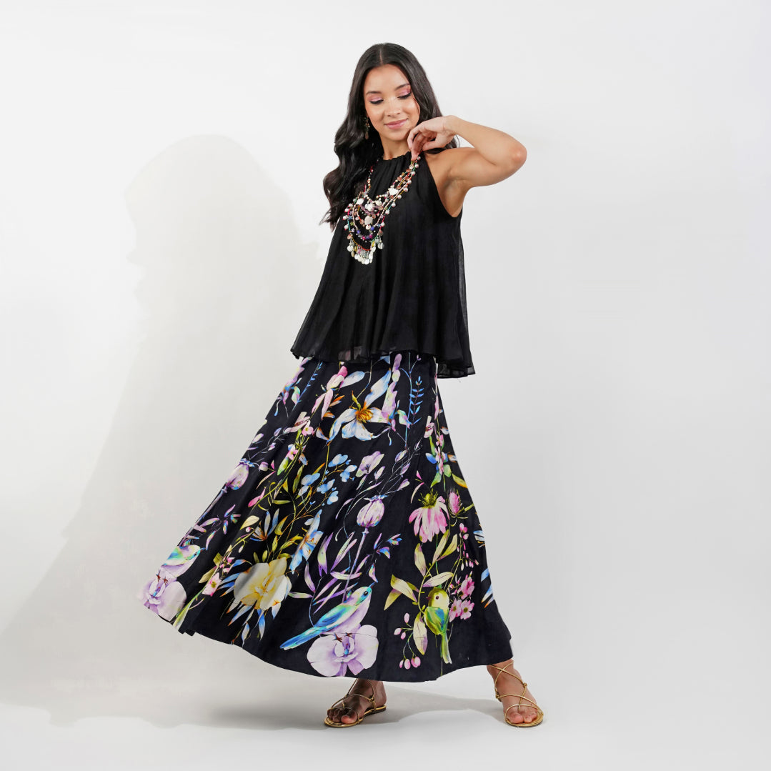 Summer Floral Skirt Set-Black by devyanimehrotra.com with beach outfit, CO-ORD SETS, printed skirt, skirt, TOP SET at Kamakhyaa for sustainable fashion