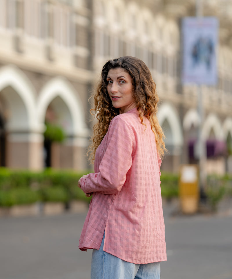 Pink Textured Handwoven Shirt by Krushnachuda with Chilika by Krushnachuda, Handloom Cotton, Loose Fit, Natural Dye, Organic, Outerwear, Pink, Self Design, Womenswear at Kamakhyaa for sustainable fashion