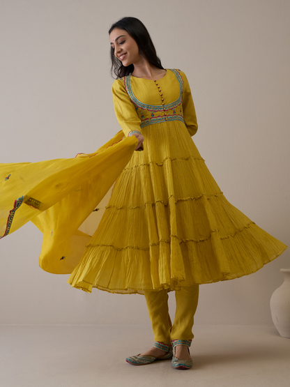 Mustard Pure Silk Chanderi Kurta Set with dupatta by RoohbyRidhimaa with Avani by RoohbyRidhimaa, Chanderi Silk, Festive Wear, Handloom Silk, Kurta Set with Dupattas, Pure Silk Chanderi, Regular Fit, Resham Embroidered, Silk Chanderi, Toxin free, Yellow at Kamakhyaa for sustainable fashion