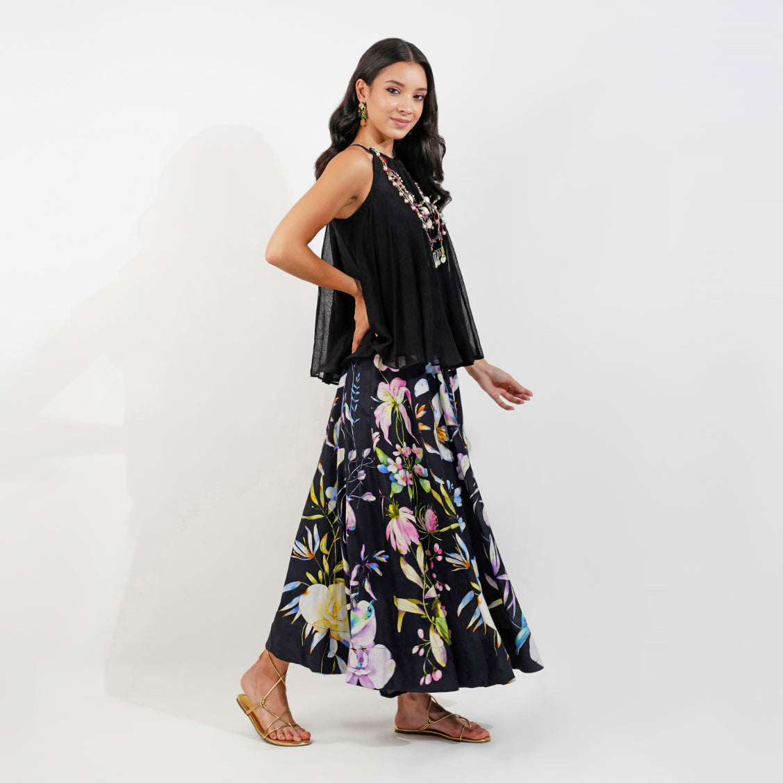 Summer Floral Skirt Set-Black by devyanimehrotra.com with beach outfit, CO-ORD SETS, printed skirt, skirt, TOP SET at Kamakhyaa for sustainable fashion