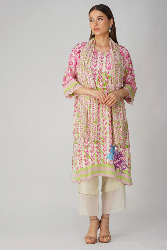 PINK LEAF PRINTED KURTA SET by devyanimehrotra.com with at Kamakhyaa for sustainable fashion