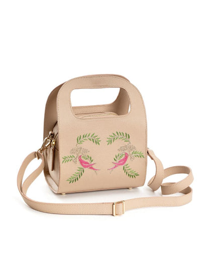 Beige Embroidered Crossbody Bag by Green Hermitage with Apple Leather, Beige, Crossbody Bags, Embroidered, Free Size, Hemp, Lyocell, Party Wear, Recycled at Kamakhyaa for sustainable fashion