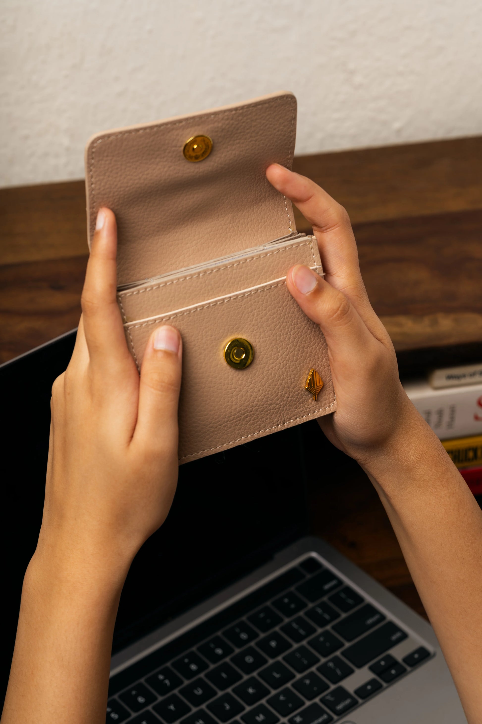 Beige Embroidered Cardholder by Green Hermitage with Beige, Cactus Leather, Cardholders, Embroidered, Evening Wear, Free Size, Hemp, Lyocell, Recycled at Kamakhyaa for sustainable fashion