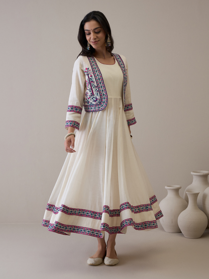 Resham Embroidered Kurta Set with Jacket by RoohbyRidhimaa with Avani by RoohbyRidhimaa, Ethnic Wear, Kurta Pant Sets, Pure Chanderi, Regular Fit, Resham Embroidered, Toxin free, White at Kamakhyaa for sustainable fashion