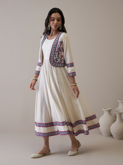 Resham Embroidered Kurta Set with Jacket by RoohbyRidhimaa with Avani by RoohbyRidhimaa, Ethnic Wear, Kurta Pant Sets, Pure Chanderi, Regular Fit, Resham Embroidered, Toxin free, White at Kamakhyaa for sustainable fashion