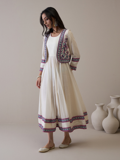 Resham Embroidered Kurta Set with Jacket by RoohbyRidhimaa with Avani by RoohbyRidhimaa, Ethnic Wear, Kurta Pant Sets, Pure Chanderi, Regular Fit, Resham Embroidered, Toxin free, White at Kamakhyaa for sustainable fashion