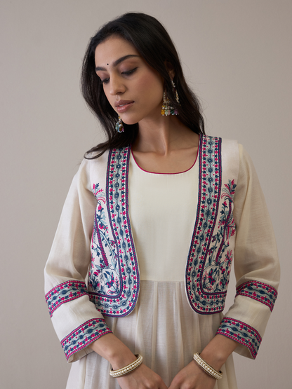 Resham Embroidered Kurta Set with Jacket by RoohbyRidhimaa with Avani by RoohbyRidhimaa, Ethnic Wear, Kurta Pant Sets, Pure Chanderi, Regular Fit, Resham Embroidered, Toxin free, White at Kamakhyaa for sustainable fashion