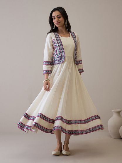 Resham Embroidered Kurta Set with Jacket by RoohbyRidhimaa with Avani by RoohbyRidhimaa, Ethnic Wear, Kurta Pant Sets, Pure Chanderi, Regular Fit, Resham Embroidered, Toxin free, White at Kamakhyaa for sustainable fashion